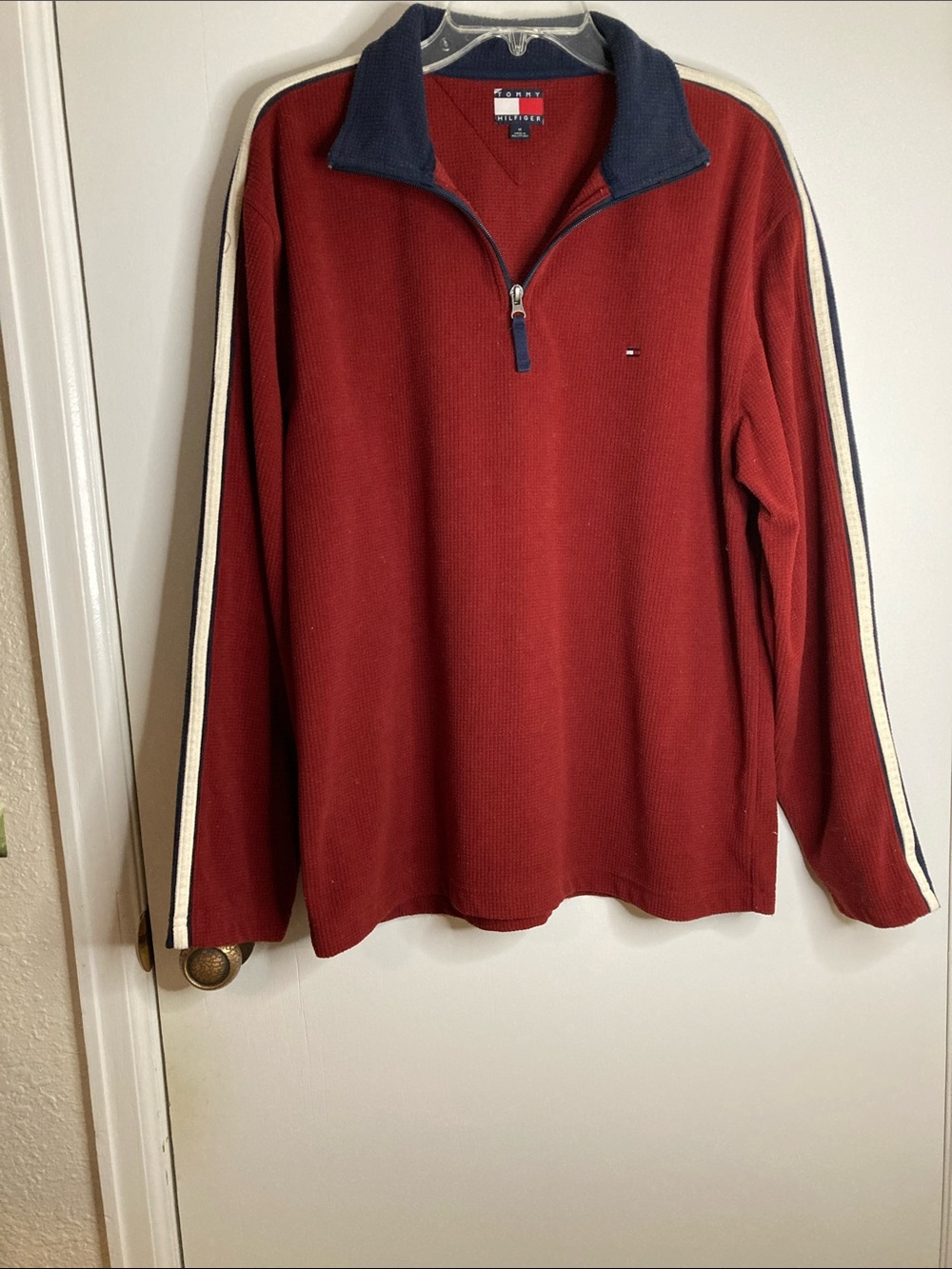 Tommy Hilfiger Men's Red Quarter-Zip Sweater with Navy Trim
